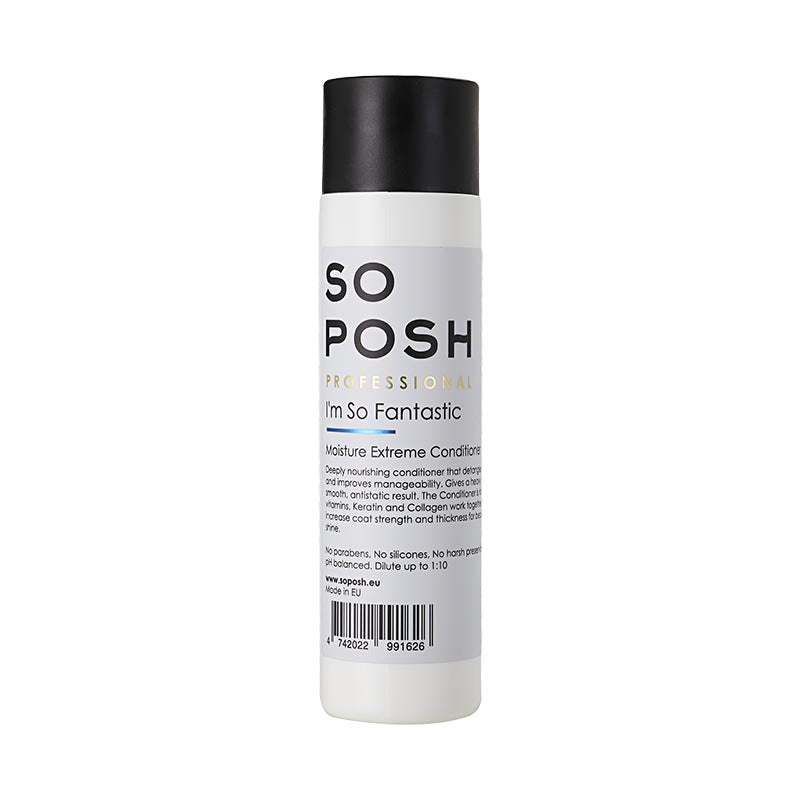 So Posh I'm So Fantastic dog conditioner for all coat types is an anti static deep moisturizing formula enriched with Argan Oil, Keratin and Collagen to deeply nourish and moisturize any coat. Each ingredient hydrates, strengthens and protects the coat while soothing the skin to support healthy growth and reduce breakage. 8.45 zo or 250 ml.