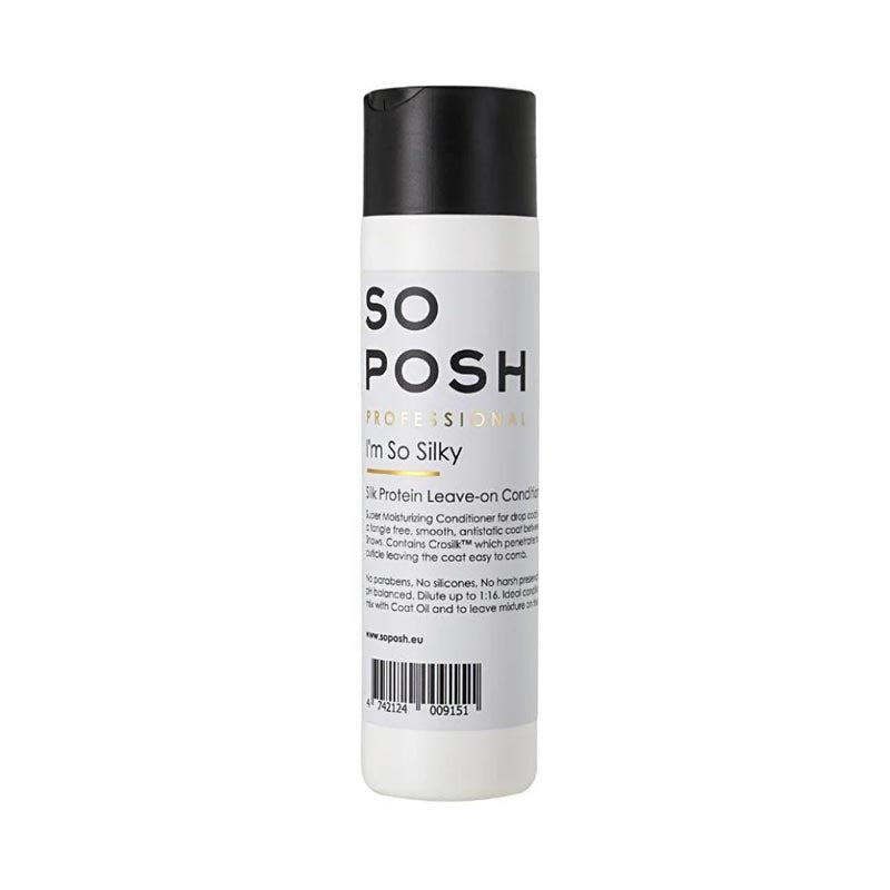 So Posh I'm So Silky Leave-in Pet Conditioner is enriched with a specialized silk protein blend to reduce tangles and maximize softness and improve texture. This no-rinse treatment, when lightly applied to damp coat, provides additional moisture, detangling, frizz control and heat protection.