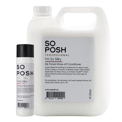 So Posh I'm So Silky Rinse Off Pet Conditioner is enriched with a specialized silk protein blend to reduce tangles and maximize softness and improve texture. I'm So Silky Rinse Off Conditioner uses Crosilk™, a specialized hydrolyzed silk amino acids blend, to deeply penetrate the skin and hair cuticle, leaving the coat easy to comb through and locking in moisture.
