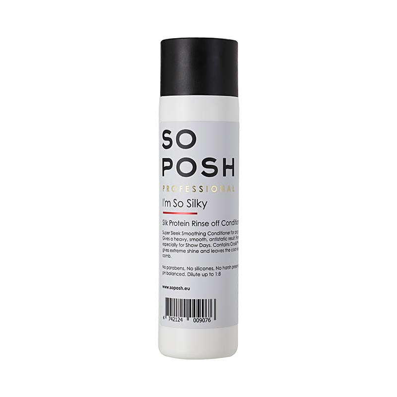 o Posh I'm So Silky Rinse Off Pet Conditioner is enriched with a specialized silk protein blend to reduce tangles and maximize softness and improve texture. I'm So Silky Rinse Off Conditioner uses Crosilk™, a specialized hydrolyzed silk amino acids blend, to deeply penetrate the skin and hair cuticle, leaving the coat easy to comb through and locking in moisture. 8.45 oz or 250 ml.
