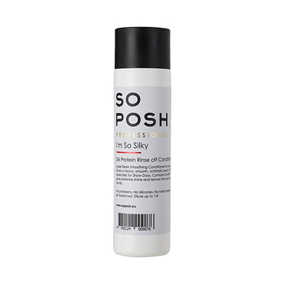 o Posh I'm So Silky Rinse Off Pet Conditioner is enriched with a specialized silk protein blend to reduce tangles and maximize softness and improve texture. I'm So Silky Rinse Off Conditioner uses Crosilk™, a specialized hydrolyzed silk amino acids blend, to deeply penetrate the skin and hair cuticle, leaving the coat easy to comb through and locking in moisture. 8.45 oz or 250 ml.