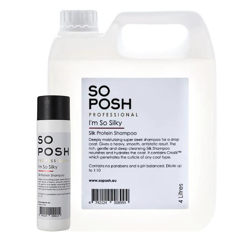 So Posh I'm So Silky Pet Shampoo is enriched with silk protein to reduce tangles and to showcase a soft, shiny and lush look. The moisturizing formula uses additional Vitamin E and Glycerin to rejuvenates hair growth while preventing hair loss. White Tea Leaves help reduce coat breakage. This formula works great with the following breeds and mixes: Yorkie, Afghan Hound, Havanese, Maltese, Cocker Spaniel, Tibetan Terrier and Doodle, Cocker and Yorkie mixes.