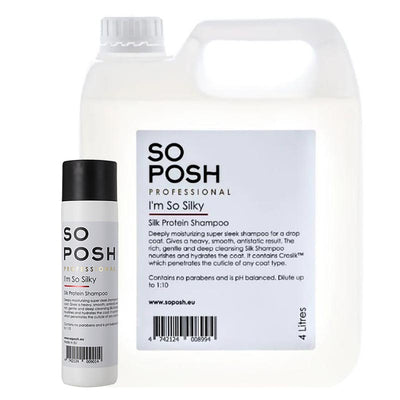 So Posh I'm So Silky Pet Shampoo is enriched with silk protein to reduce tangles and to showcase a soft, shiny and lush look. The moisturizing formula uses additional Vitamin E and Glycerin to rejuvenates hair growth while preventing hair loss. White Tea Leaves help reduce coat breakage. This formula works great with the following breeds and mixes: Yorkie, Afghan Hound, Havanese, Maltese, Cocker Spaniel, Tibetan Terrier and Doodle, Cocker and Yorkie mixes.