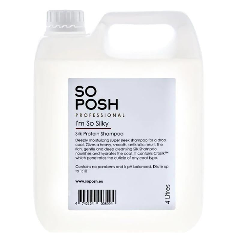 So Posh I'm So Silky Pet Shampoo is enriched with silk protein to reduce tangles and to showcase a soft, shiny and lush look. The moisturizing formula uses additional Vitamin E and Glycerin to rejuvenates hair growth while preventing hair loss. White Tea Leaves help reduce coat breakage. This formula works great with the following breeds and mixes: Yorkie, Afghan Hound, Havanese, Maltese, Cocker Spaniel, Tibetan Terrier and Doodle, Cocker and Yorkie mixes. 1.06 gallon or 4 liter.
