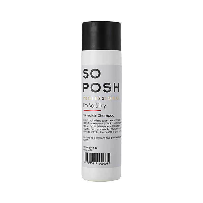 So Posh I'm So Silky Pet Shampoo is enriched with silk protein to reduce tangles and to showcase a soft, shiny and lush look. The moisturizing formula uses additional Vitamin E and Glycerin to rejuvenates hair growth while preventing hair loss. White Tea Leaves help reduce coat breakage. This formula works great with the following breeds and mixes: Yorkie, Afghan Hound, Havanese, Maltese, Cocker Spaniel, Tibetan Terrier and Doodle, Cocker and Yorkie mixes. 8.45 oz or 250 ml.
