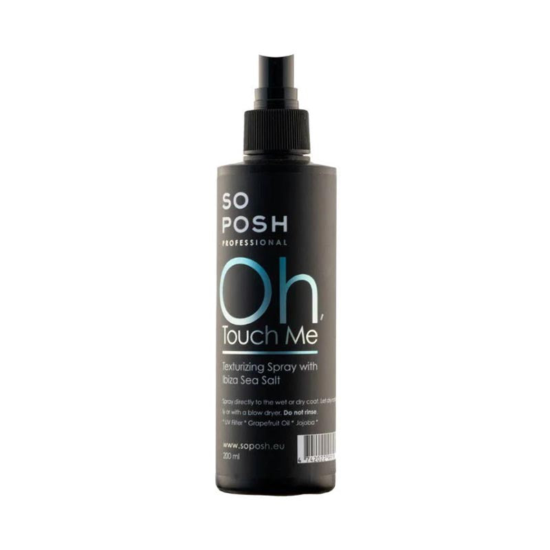 So Posh So Touch Me Texturizing Pet Spray uses Ibiza Sea Salt, a premium, unrefined, and natural sea salt harvested from the UNESCO World Heritage nature reserve in Ses Salines, Ibiza Spain which contains 80 essential minerals. This amazing salt adds grit and separates strands. Additional Jojoba and grapefruit oil meanwhile, strengthens, shines and deeply hydrates the coat.