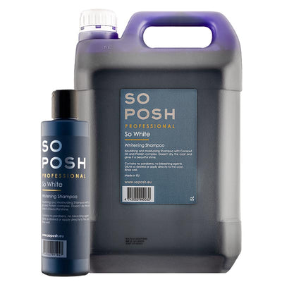 So Posh So White pet shampoo has been formulated to help eliminate yellowing and discoloration. Enriched with coconut oil and protein complex, So White provides protection from UV radiation, restore natural melatonin while nourishing and repairing the skin and coat to help rejuvenate growth. Additional sea salt and citric acid helps exfoliate pores, stimulate follicles, remove dead skin cells and eliminate build-up, enhancing overall coat health and adding shine.