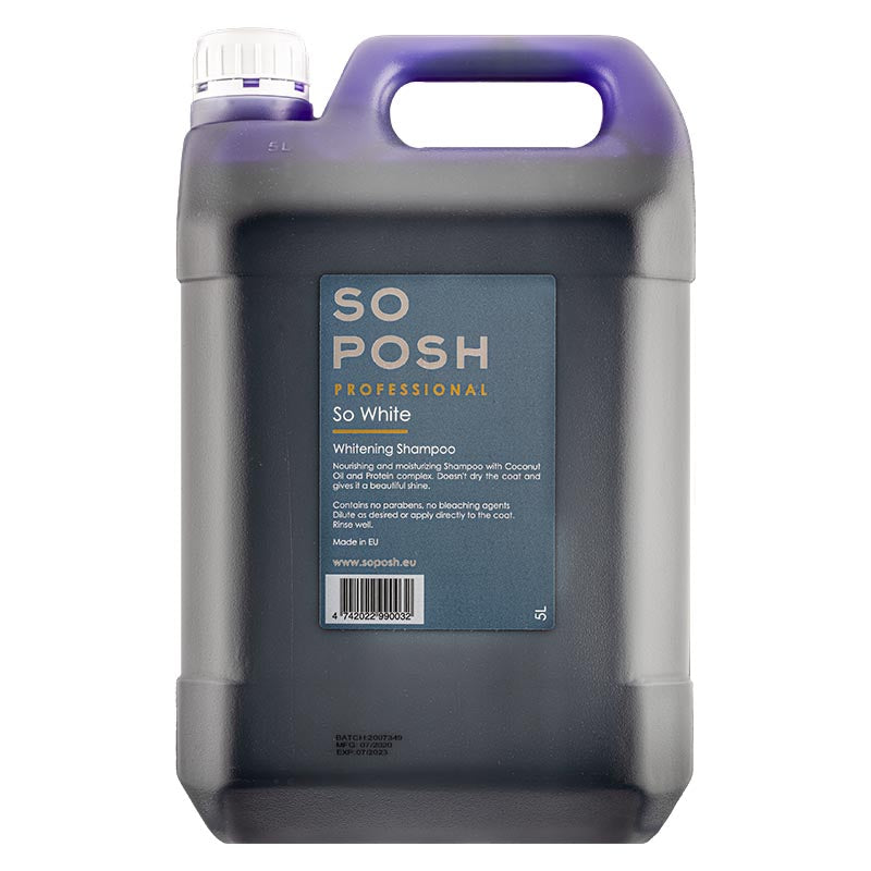 So Posh So White pet shampoo has been formulated to help eliminate yellowing and discoloration. Enriched with coconut oil and protein complex, So White provides protection from UV radiation, restore natural melatonin while nourishing and repairing the skin and coat to help rejuvenate growth. Additional sea salt and citric acid helps exfoliate pores, stimulate follicles, remove dead skin cells and eliminate build-up, enhancing overall coat health and adding shine. 1.36 gallons or 5 liters.