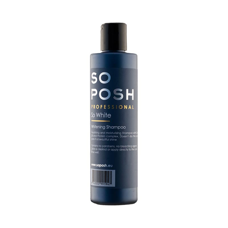 So Posh So White pet shampoo has been formulated to help eliminate yellowing and discoloration. Enriched with coconut oil and protein complex, So White provides protection from UV radiation, restore natural melatonin while nourishing and repairing the skin and coat to help rejuvenate growth. Additional sea salt and citric acid helps exfoliate pores, stimulate follicles, remove dead skin cells and eliminate build-up, enhancing overall coat health and adding shine. 8.45 oz.