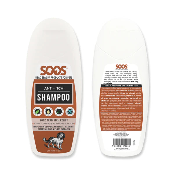 Soos™ Natural Anti-Itch Pet Shampoo works to soothe intense itching with an infusion of Dead Sea minerals, zinc, green tea, chamomile and tea tree oil. The blend of natural ingredients relieves irritation while providing essential nutrients for healthy, hydrated skin. 8.45 oz.