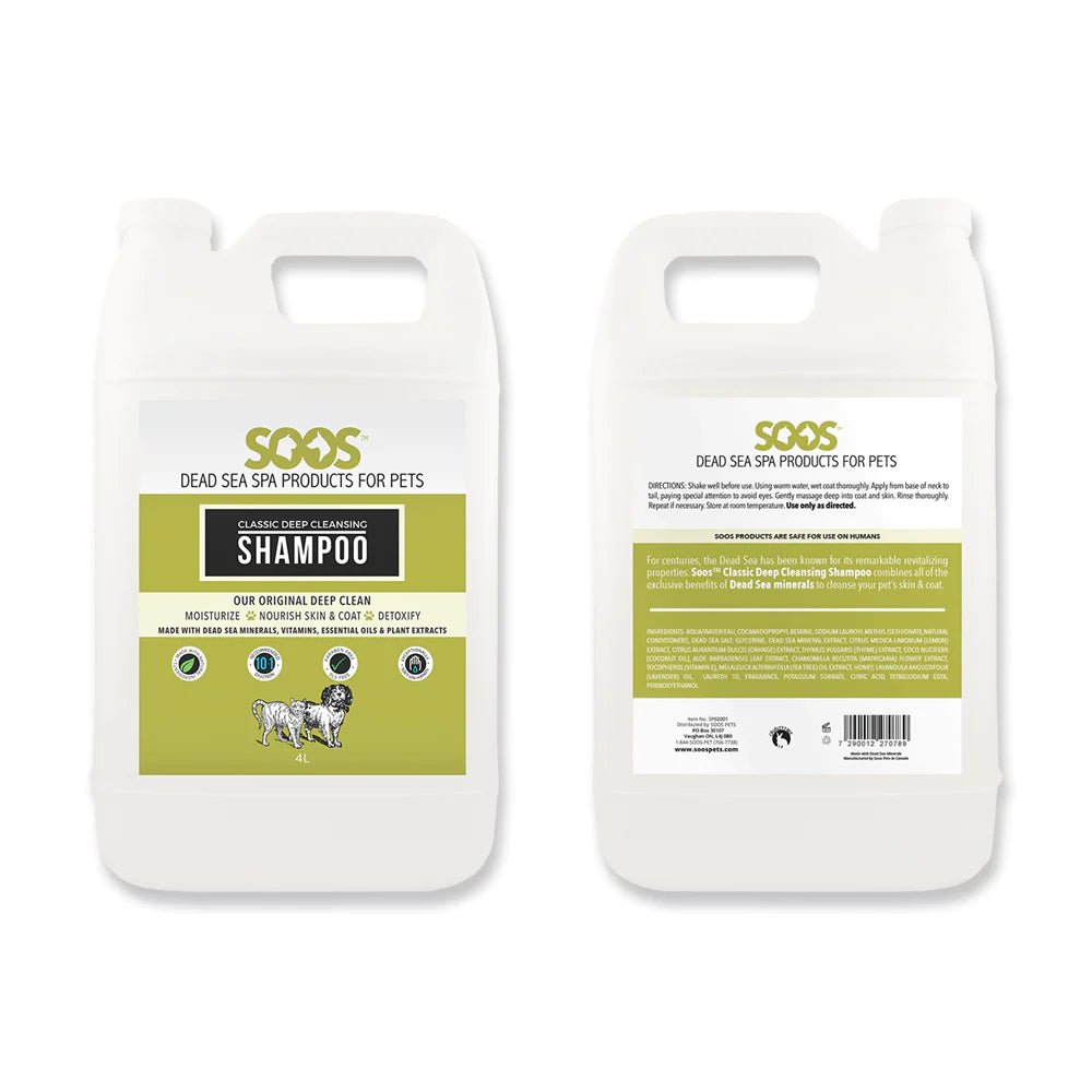 Soos™ Natural Deep Cleansing Pet Shampoo deep cleans and detoxify while moisturizing hair and skin to improve overall health. Its ideal as a first shampoo if using a multi-bath system. Dead Sea minerals with natural antioxidant, antiseptic, antibacterial and anti-yeast properties gently clean, calm and cleanse.  1.32 Gallon.
