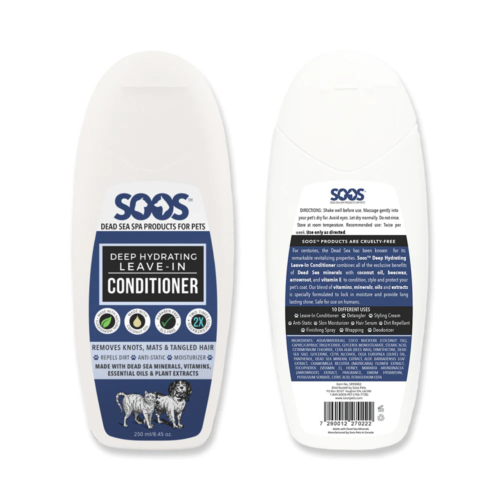 Soos™ Deep Hydrating Leave-In Pet Conditioner is a multi-functional leave-in formula combining Dead Sea minerals with natural oils and vitamins to condition, style, and protect your pet's coat. This non-greasy, anti-static formula can be used as a detangler, styling cream, skin moisturizer and finishing spray. 8.45 oz.