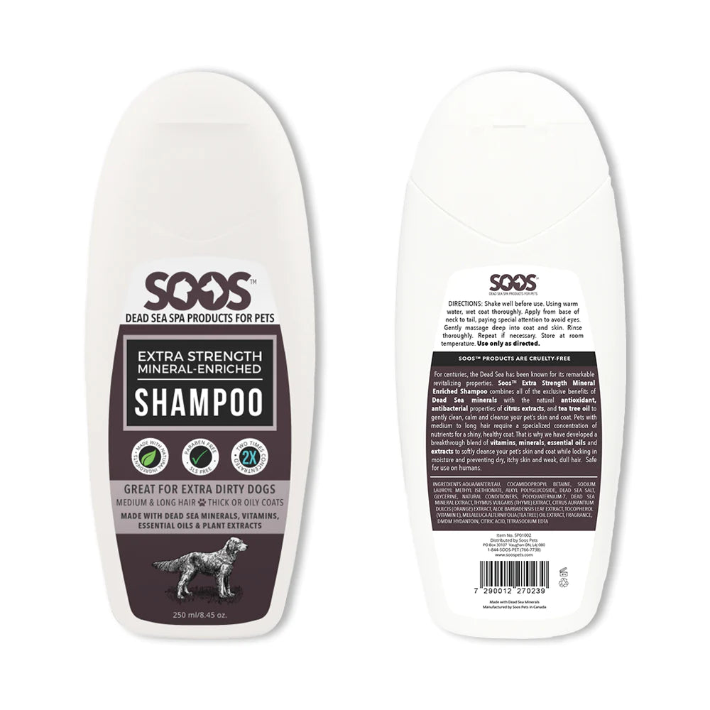 Soos™ Extra Strength Mineral Enriched Pet Shampoo locks in moisture while nourishing the coat with vitamins, essential oils, natural antioxidant, antiseptic, and antibacterial while using properties of Dead Sea minerals and citrus extracts. Great for dogs with medium to long hair and thick or oil-prone coats.  8.45oz.