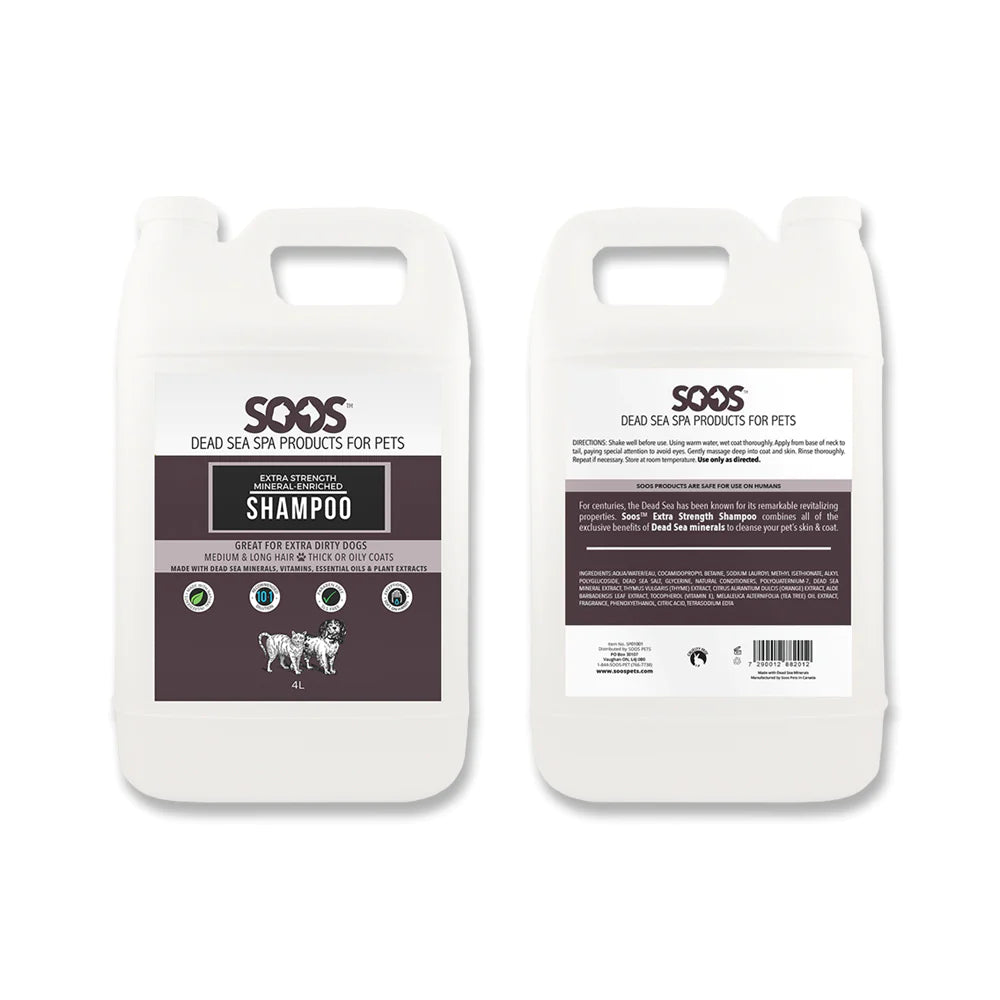 Soos™ Extra Strength Mineral Enriched Pet Shampoo locks in moisture while nourishing the coat with vitamins, essential oils, natural antioxidant, antiseptic, and antibacterial while using properties of Dead Sea minerals and citrus extracts. Great for dogs with medium to long hair and thick or oil-prone coats.  1.32 Gal