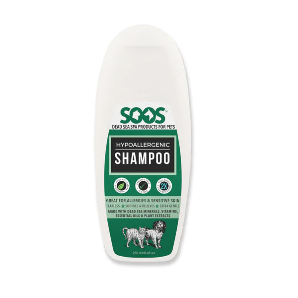 Soos™ Natural Hypoallergenic Pet Shampoo is formulated for pets with allergies, sensitive skin or chronic skin conditions. This no-tear formula is fast-acting, providing quick relief while not causing irritation to eyes or other sensitive areas. 8.45 oz.