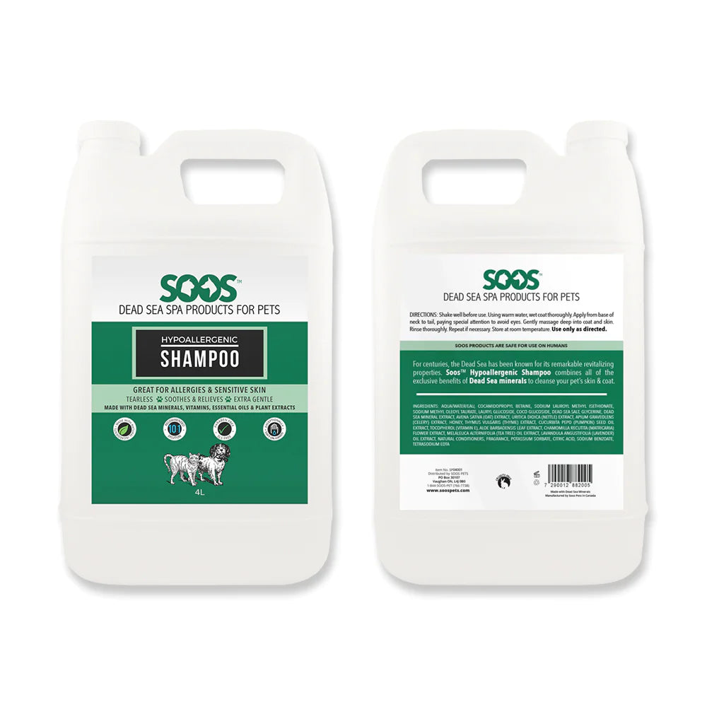 Soos™ Natural Hypoallergenic Pet Shampoo is formulated for pets with allergies, sensitive skin or chronic skin conditions. This no-tear formula is fast-acting, providing quick relief while not causing irritation to eyes or other sensitive areas. 1.32 Gallon.