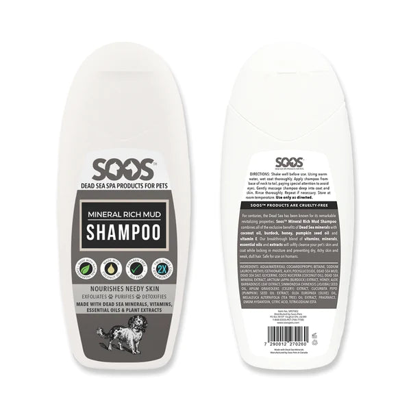 Soos™ Natural Mineral Mud Pet Shampoo uses Dead Sea minerals, vitamins, essential oils, plants, herbs, and roots, to boost immunity, detoxify, exfoliate, promote healthy cell growth, improve circulation, and aid chronic skin conditions such as acne and works well for aging or hairless dogs. 8.45 oz.