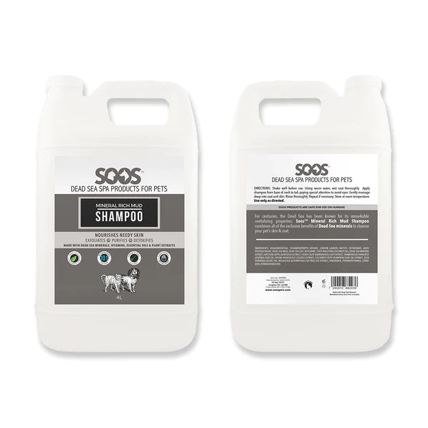 Soos™ Natural Mineral Mud Pet Shampoo uses Dead Sea minerals, vitamins, essential oils, plants, herbs, and roots, to boost immunity, detoxify, exfoliate, promote healthy cell growth, improve circulation, and aid chronic skin conditions such as acne and works well for aging or hairless dogs. 1.32 Gallon.