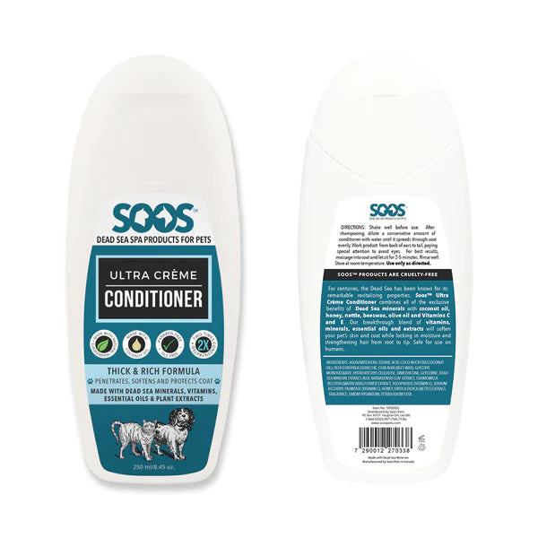 Soos™ Ultra Crème Pet Conditioner contains Dead Sea minerals, beeswax, Vitamins C and E, honey, nettle, olive oil, and celery to deeply nourish skin and coat. It provides smoothness, shine, volume, conditioning, strength, thickness, and polish for thicker, stronger, longer, shinier, and healthier coats. 8.45 oz.