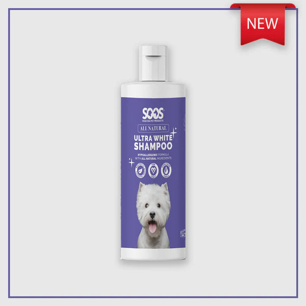 Soos™ Ultra White Hypoallergenic Pet Shampoo is a luxurious formulation of natural ingredients and plant-based whitening agents that gently cleanse and brighten your clients' coats without harsh chemicals. It soothes sensitive skin and allergies, while nourishing and moisturizing coats for a healthy, shiny look.