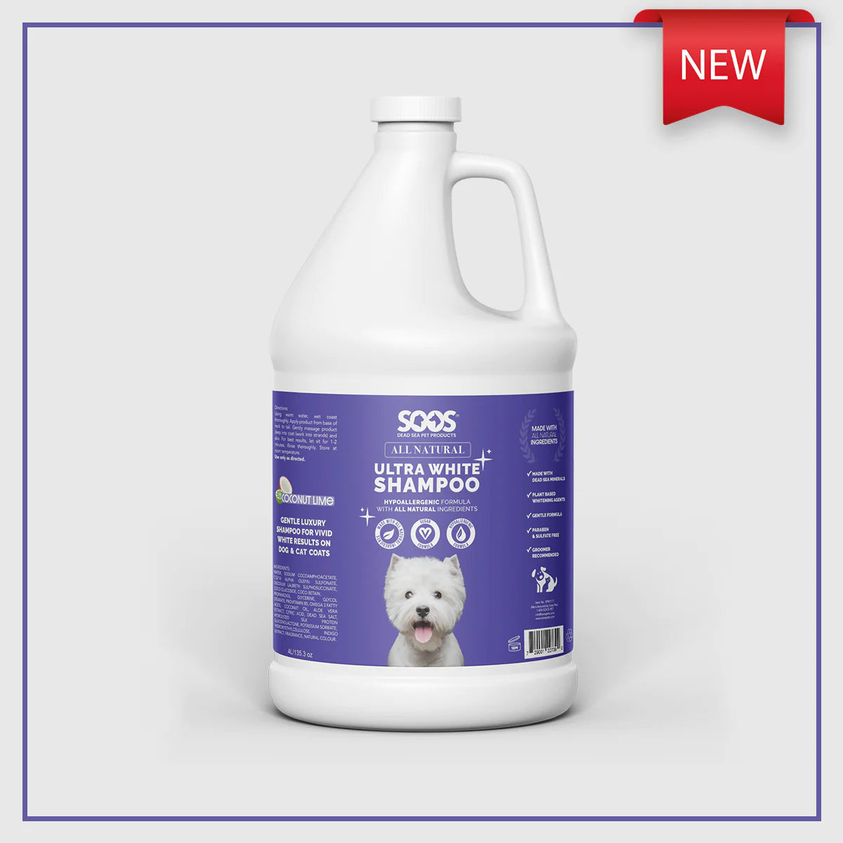 Soos™ Ultra White Hypoallergenic Pet Shampoo is a luxurious formulation of natural ingredients and plant-based whitening agents that gently cleanse and brighten your clients' coats without harsh chemicals. It soothes sensitive skin and allergies, while nourishing and moisturizing coats for a healthy, shiny look. 1.32 Gallon