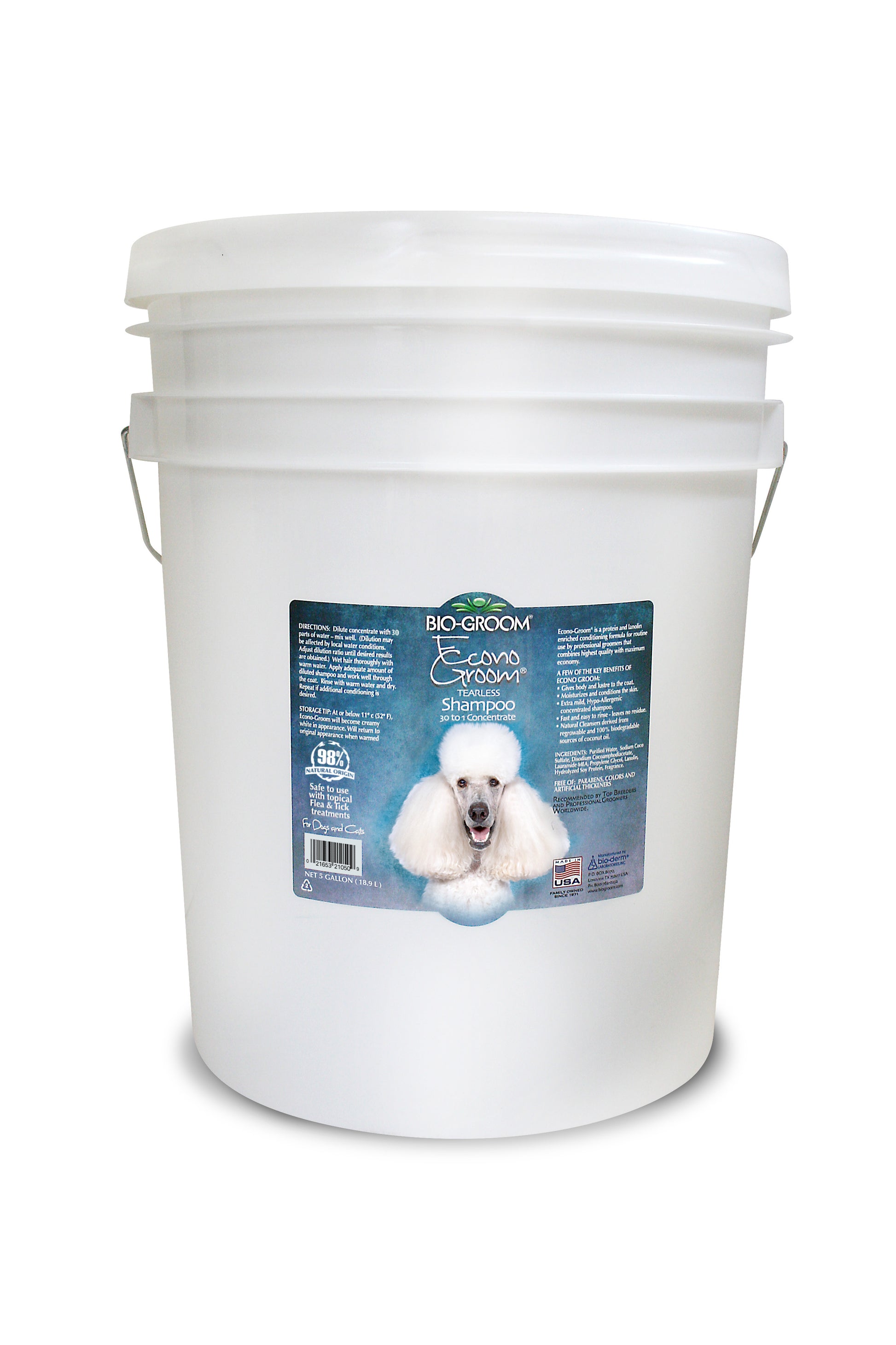 Bio-Groom Econo-Groom® concentrated shampoo is a hypoallergenic and tear-free formula. It's enriched with protein and lanolin for skin and coat hydration, while providing body and shine. Natural cleansers come from 100% biodegradable vegetable-based coconut oil. Free of Parabens, color dyes, and artificial thickeners. 5 gallons.