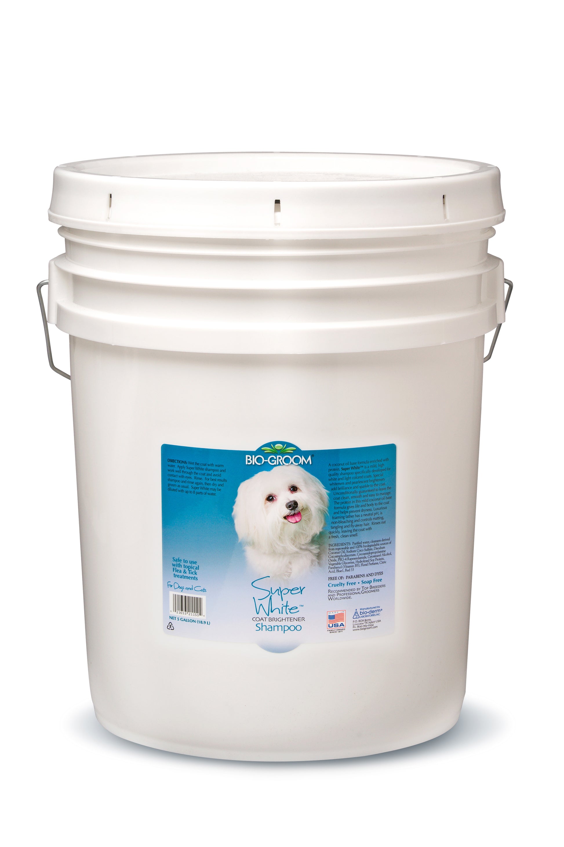 Bio-Groom Super White™ Coat Brightener Dog Shampoo is formulated for white and light-colored coats. Prevents dryness and provides strength and body  leaving it clean, smooth, and easy to manage. 100% biodegradable, free of parabens and dyes. 5 Gallon.