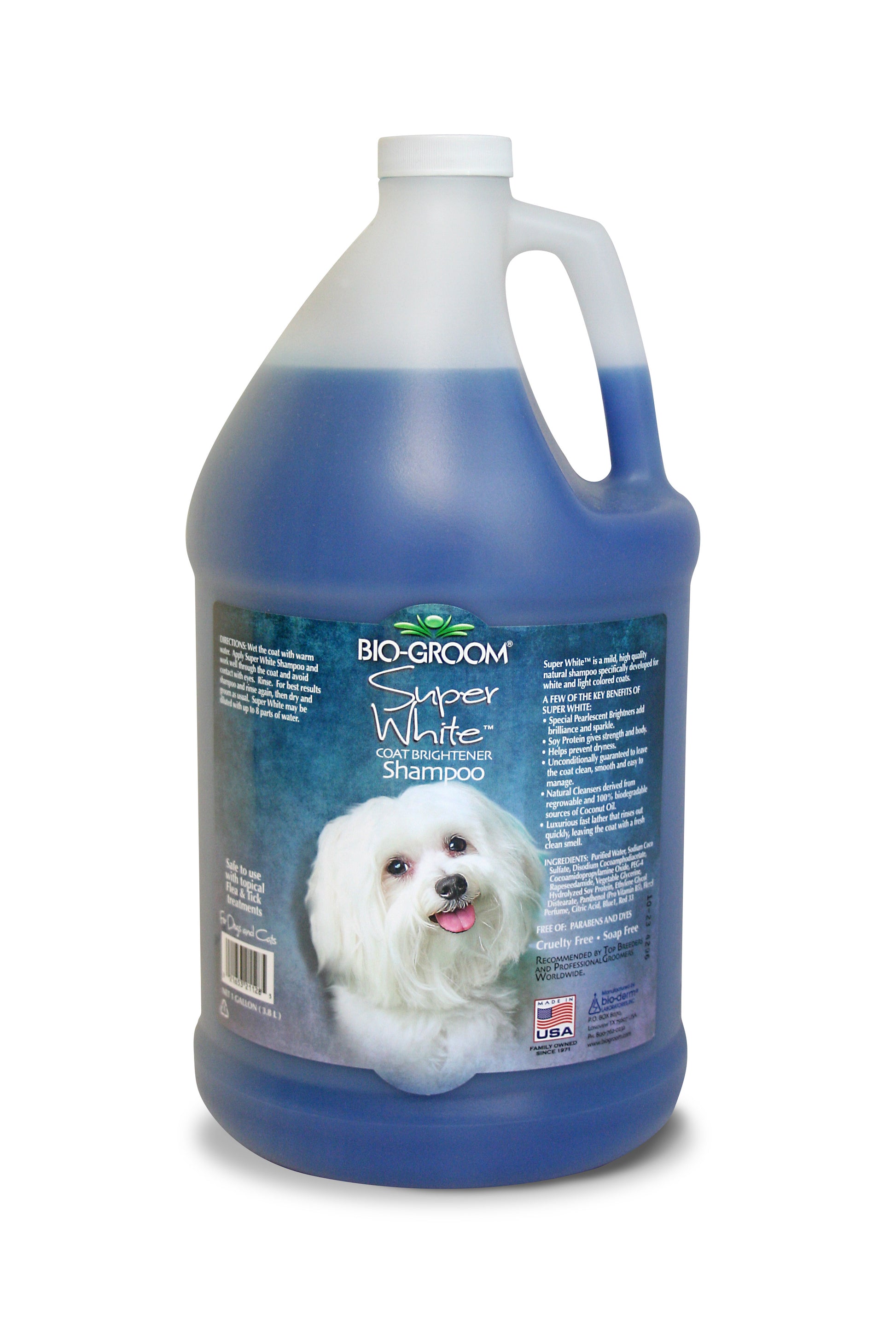 Bio-Groom Super White™ Coat Brightener Dog Shampoo is formulated for white and light-colored coats. Prevents dryness and provides strength and body  leaving it clean, smooth, and easy to manage. 100% biodegradable, free of parabens and dyes.  1 Gallon.