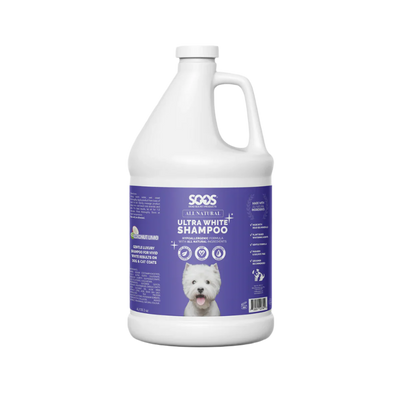 SooS™ Ultra White Hypoallergenic Pet Shampoo is a luxurious formulation of natural ingredients and plant-based whitening agents that gently cleanse and brighten your clients' coats without harsh chemicals. It soothes sensitive skin and allergies, while nourishing and moisturizing coats for a healthy, shiny look. 1.32 Gallon